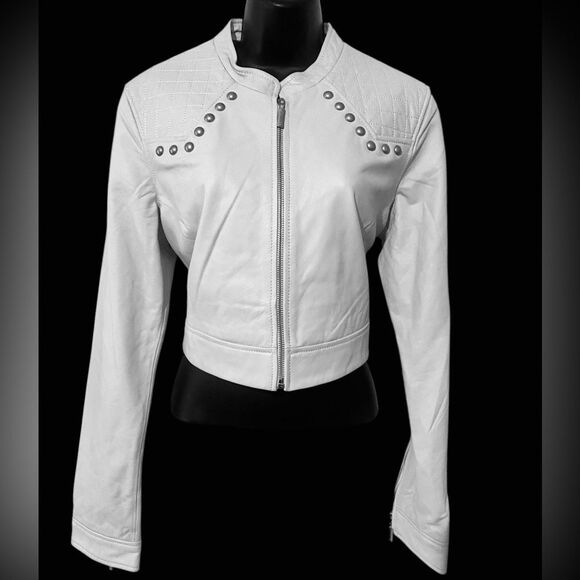 Affliction Jackets & Blazers - Affliction | Women’s Affliction White Leather jacket studded crop jacket NWT XL